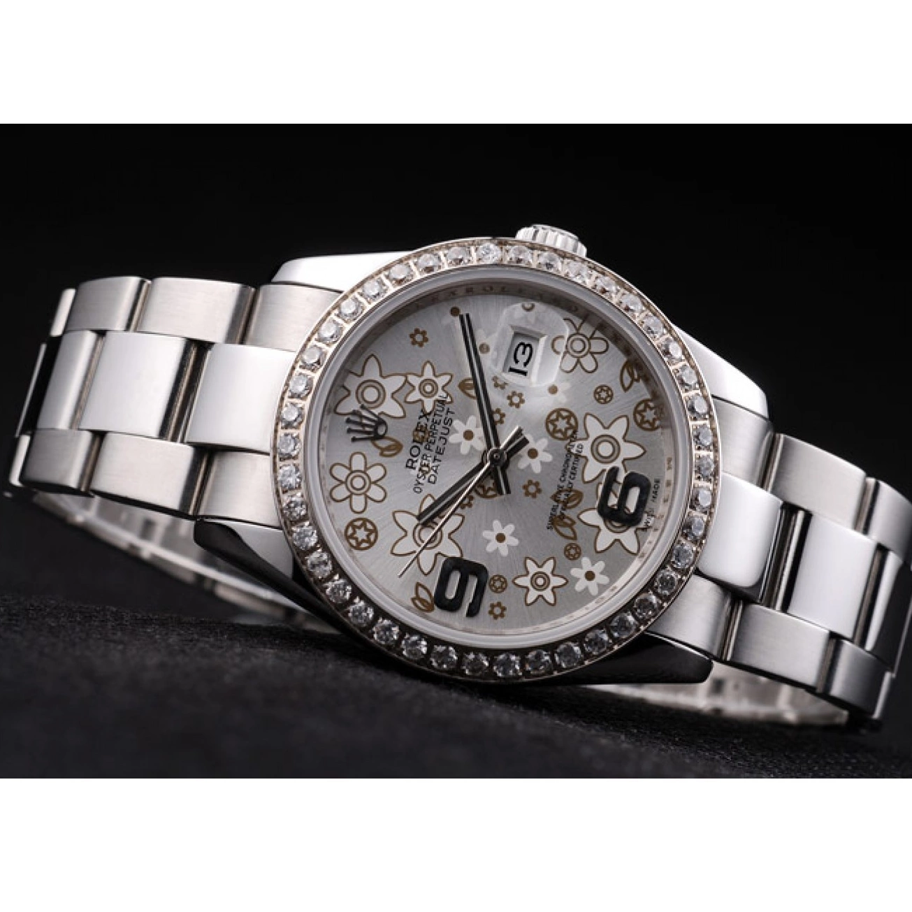 MiroTime 0806 Rolex Datejust Stainless Steel Silver Flowers Dial Diamond Plated rl305